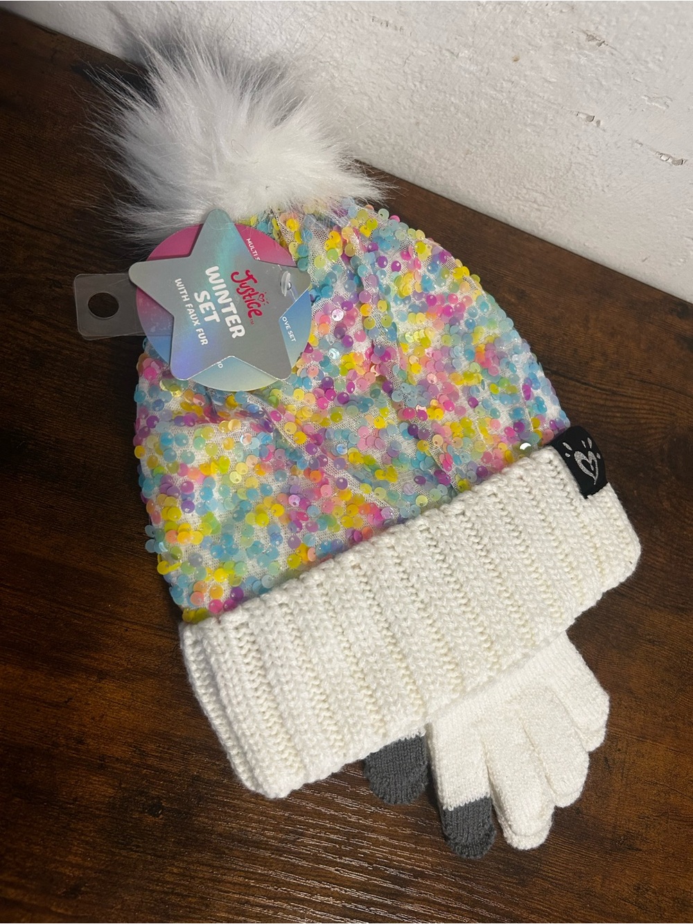 Justice White Faux Fur Pom Beanie with Multicolor Sequins and Matching Gloves